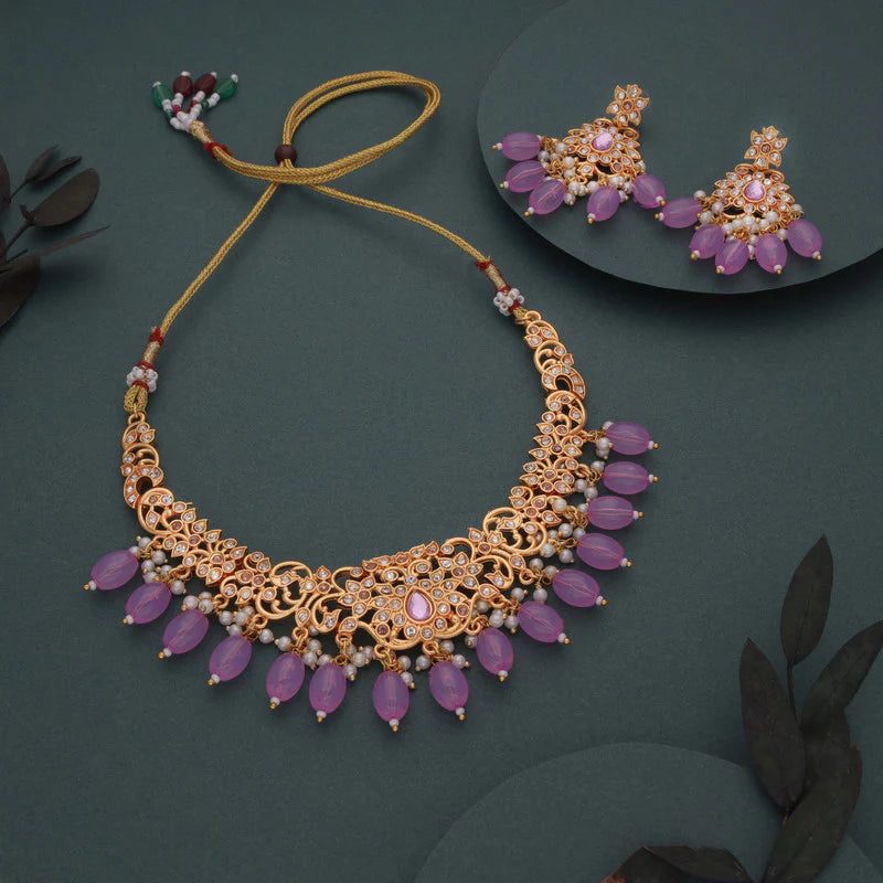 Tehzeeb Creation gold pleated lavender colour nacklace with stud THZ327