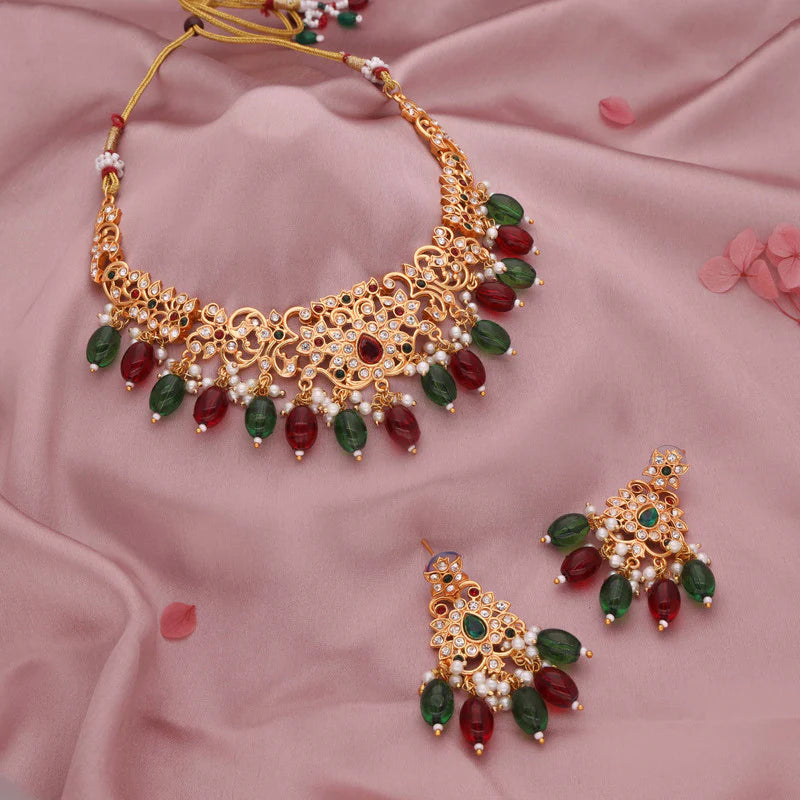 Tehzeeb Creation Maroon colour Gold pleated stone studded Nacklace with earrings THZ205