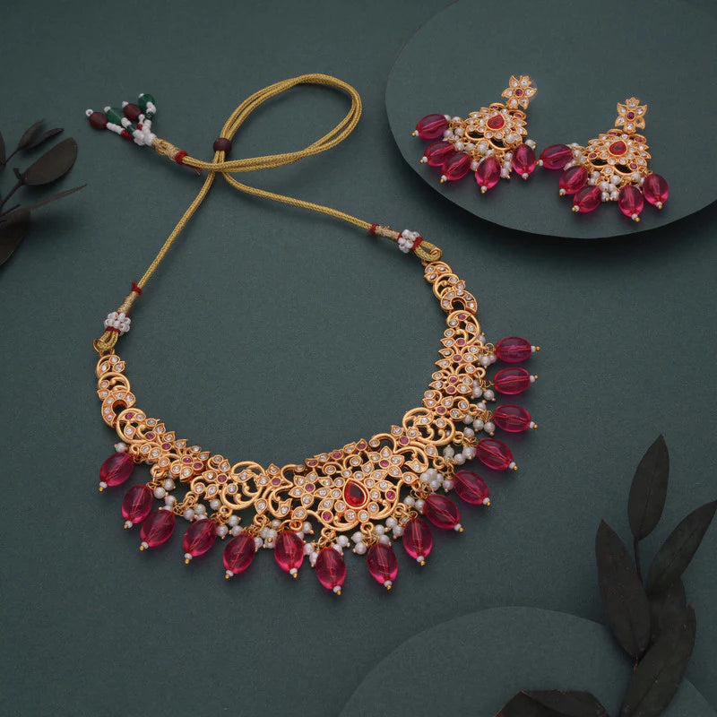Tehzeeb Creation Pink colour Gold pleated stone studded Nacklace with earrings THZ206