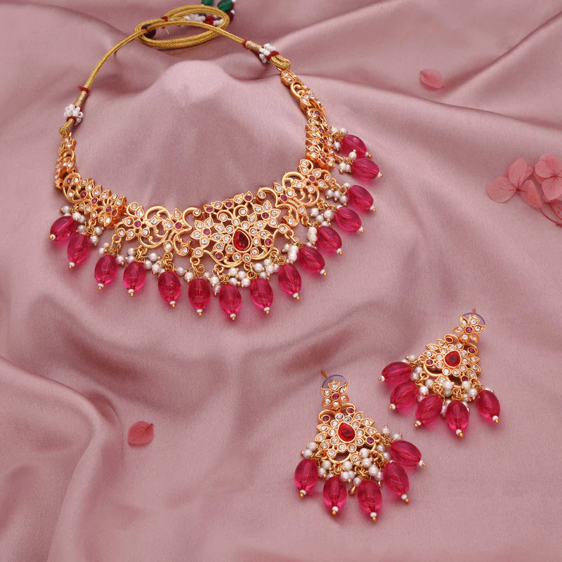Tehzeeb Creation Pink colour Gold pleated stone studded Nacklace with earrings THZ206