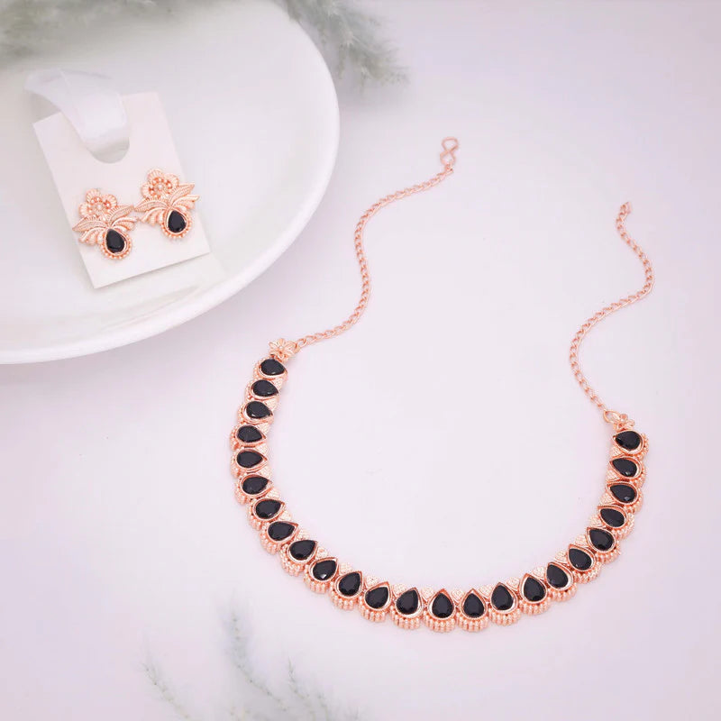 Tehzeeb Creations rose gold polish black colour nacklace with pair of earrings THZ341
