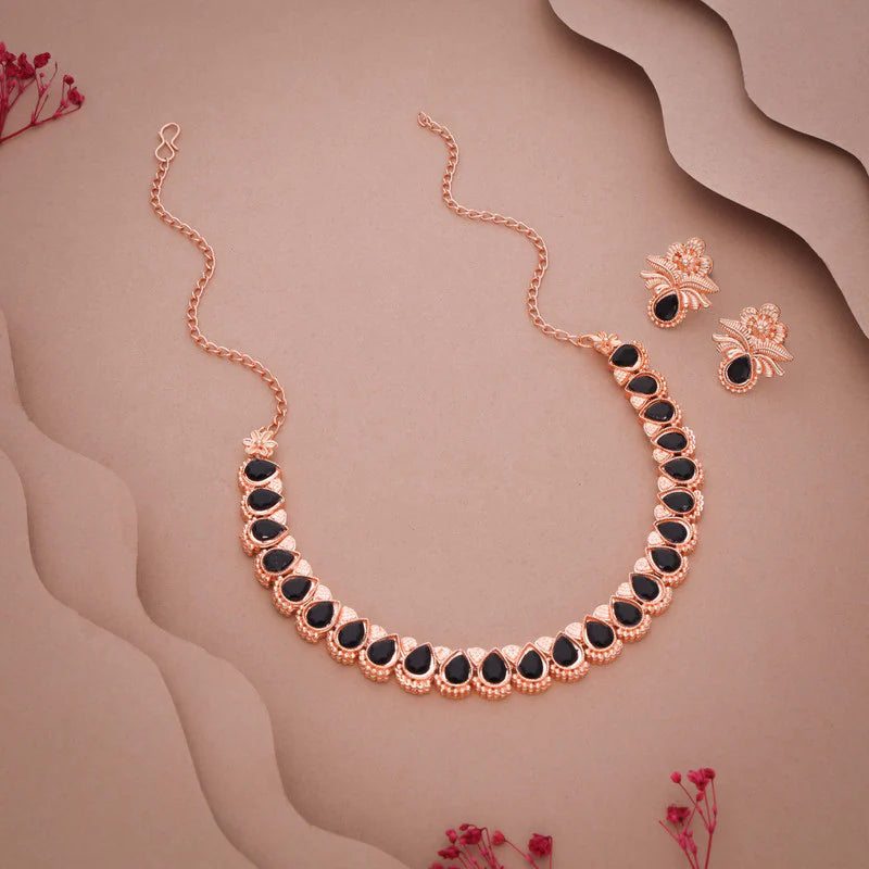 Tehzeeb Creations rose gold polish black colour nacklace with pair of earrings THZ341