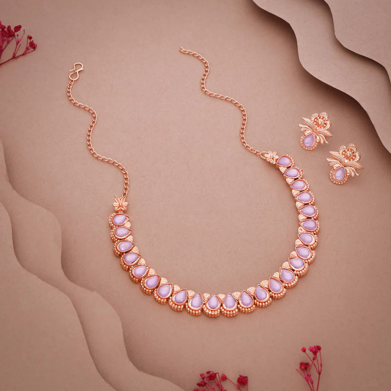 Tehzeeb Creations rose gold polish lavender colour nacklace with pair of earrings THZ342