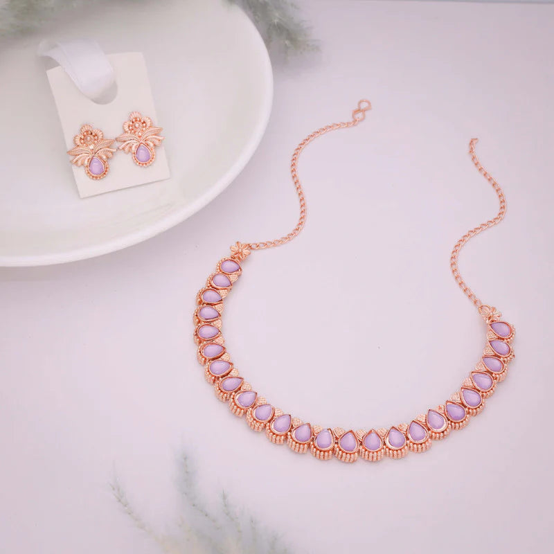 Tehzeeb Creations rose gold polish lavender colour nacklace with pair of earrings THZ342