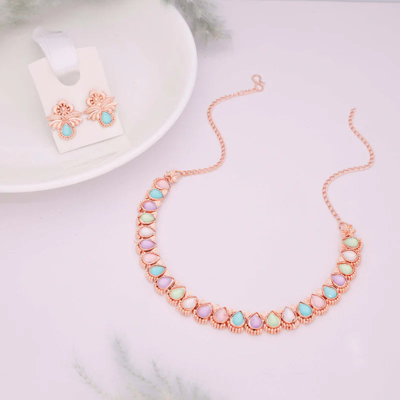 Tehzeeb Creations rose gold polish multy colour nacklace with pair of earrings THZ343