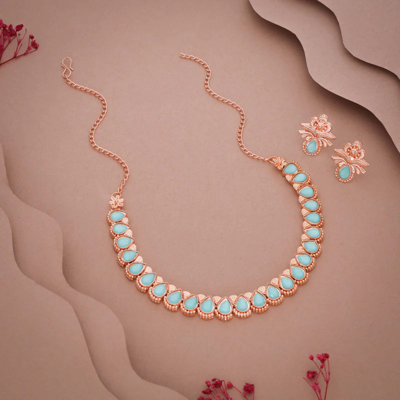 Tehzeeb Creations rose gold polish sky blue colour nacklace with pair of earrings THZ345