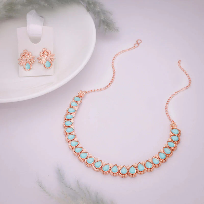 Tehzeeb Creations rose gold polish sky blue colour nacklace with pair of earrings THZ345