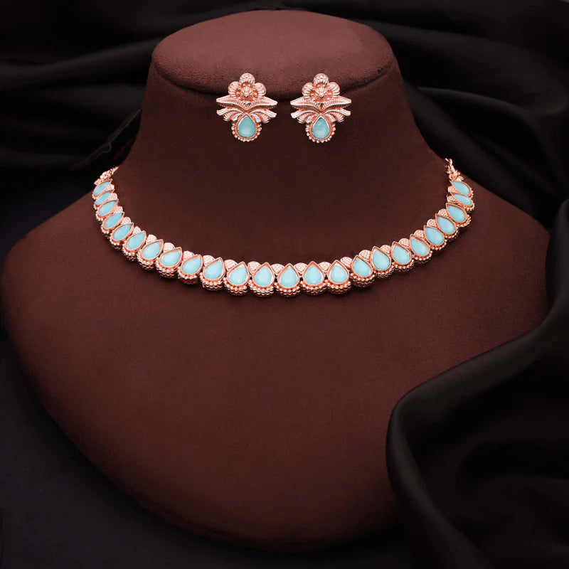 Tehzeeb Creations rose gold polish sky blue colour nacklace with pair of earrings THZ345