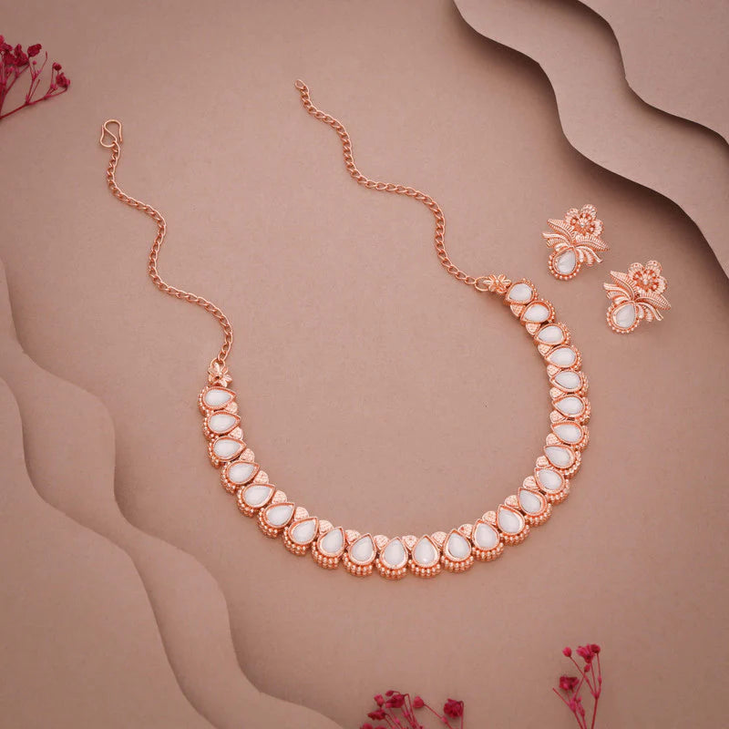 Tehzeeb Creations rose gold polish white colour nacklace with pair of earrings THZ346
