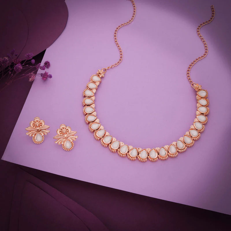 Tehzeeb Creations rose gold polish white colour nacklace with pair of earrings THZ346