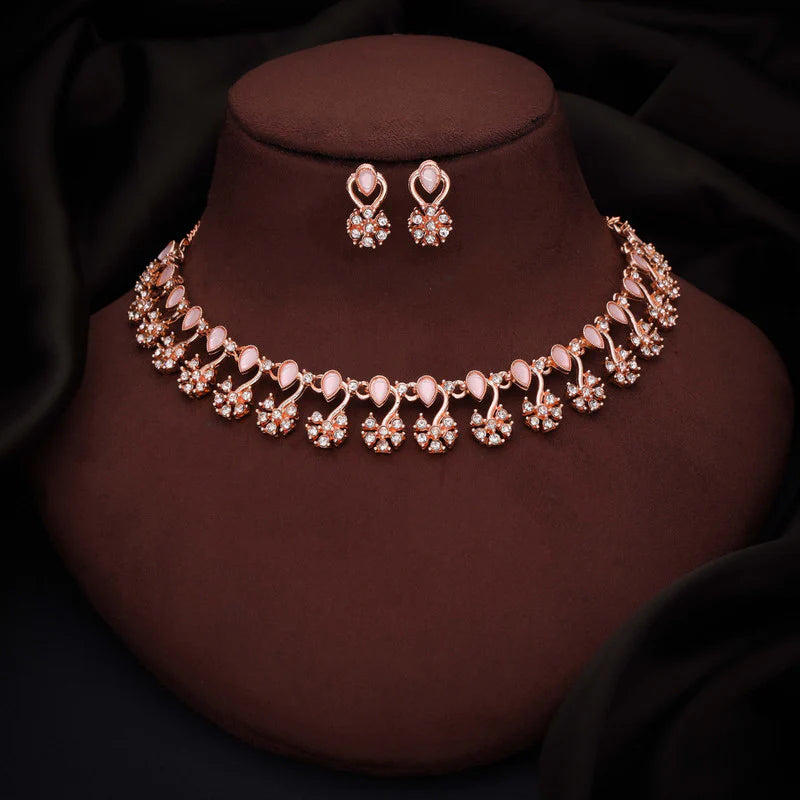 Tehzeeb Creation rose gold pleated baby pink choker nacklace with dangle earrings THZ267