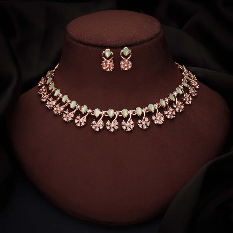 Tehzeeb Creation rose gold pleated sea green choker nacklace with dangle earrings THZ352