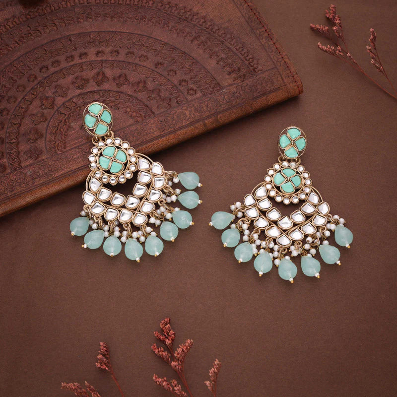 Tehzeeb Creation gold polish kundan sea green colour earrings THZ357