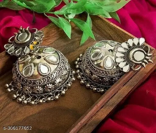 WOMENS SILVER COLOUR OXIDISED EARRINGS WITH MIRROR WORK THZ035