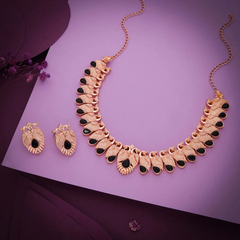 Tehzeeb Creation rose gold black colour nacklace with pair of earrings THZ365