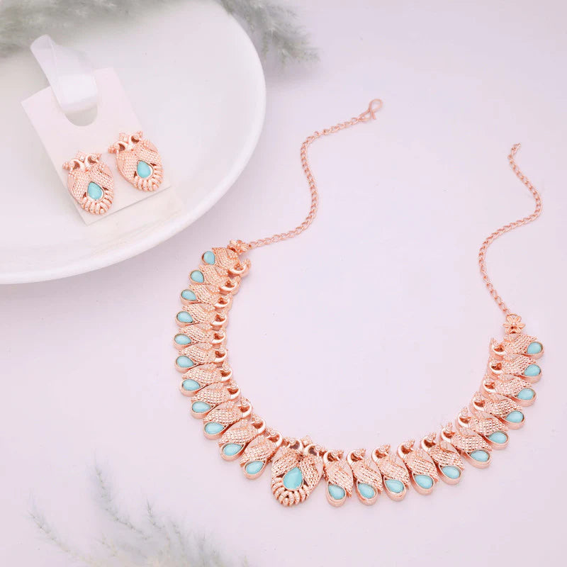 Tehzeeb Creation rose gold sky blue colour nacklace with pair of earrings THZ370