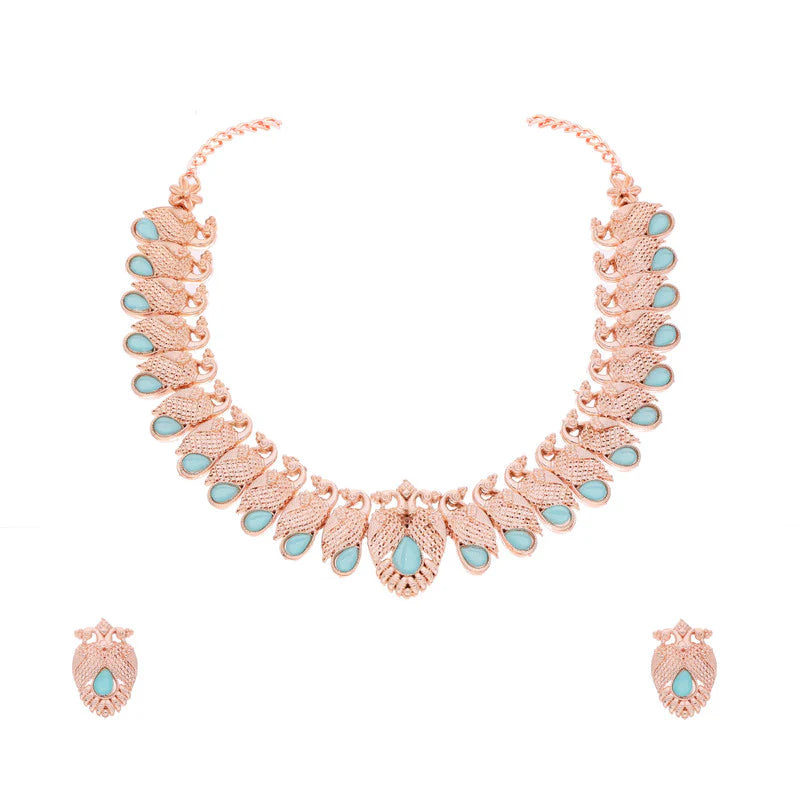 Tehzeeb Creation rose gold sky blue colour nacklace with pair of earrings THZ370