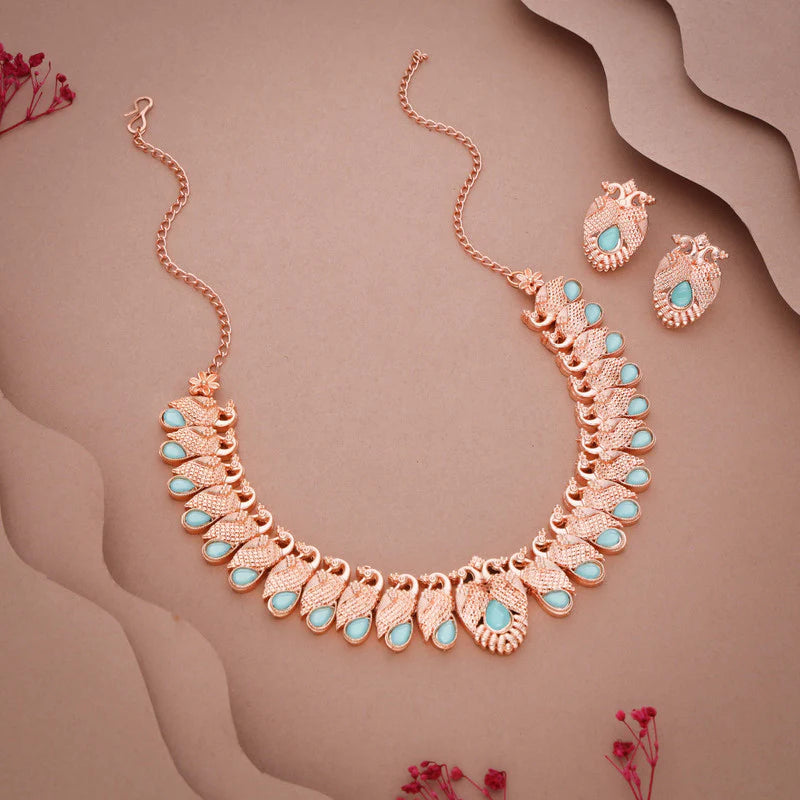 Tehzeeb Creation rose gold sky blue colour nacklace with pair of earrings THZ370