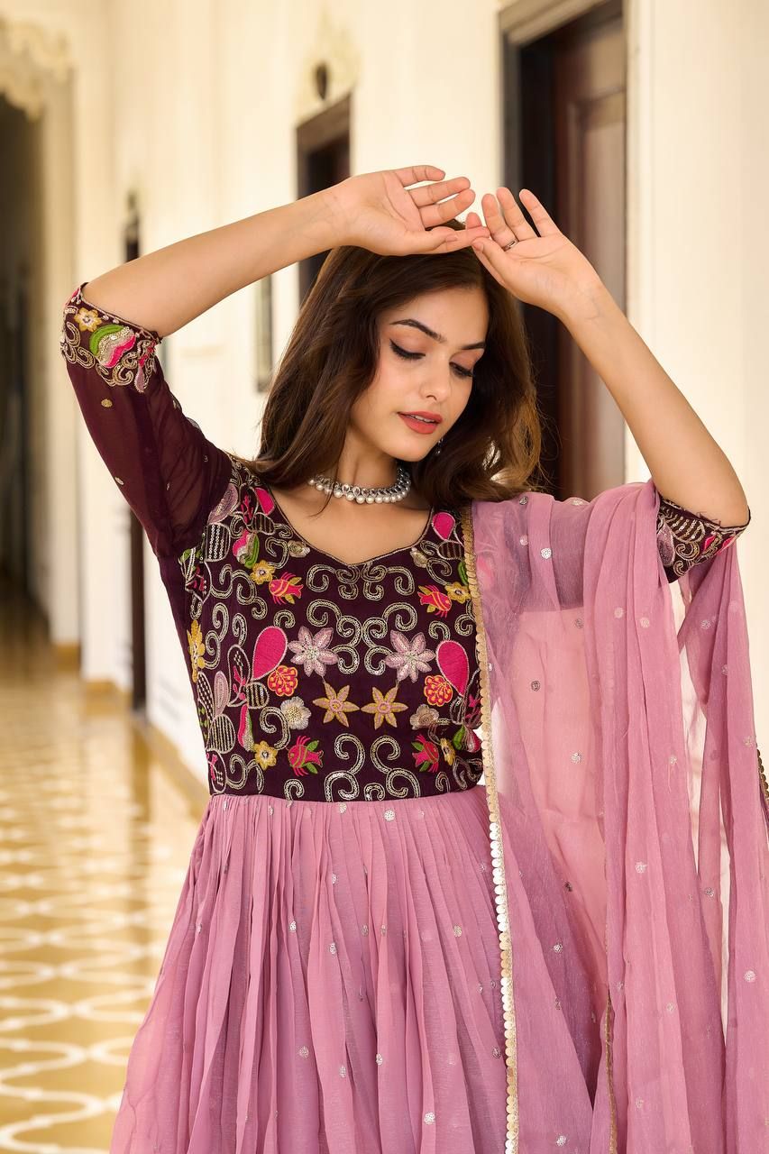 Aastha Pink Fox Georgette with Gown Fabric Hsequence Embroidery with thread Work
