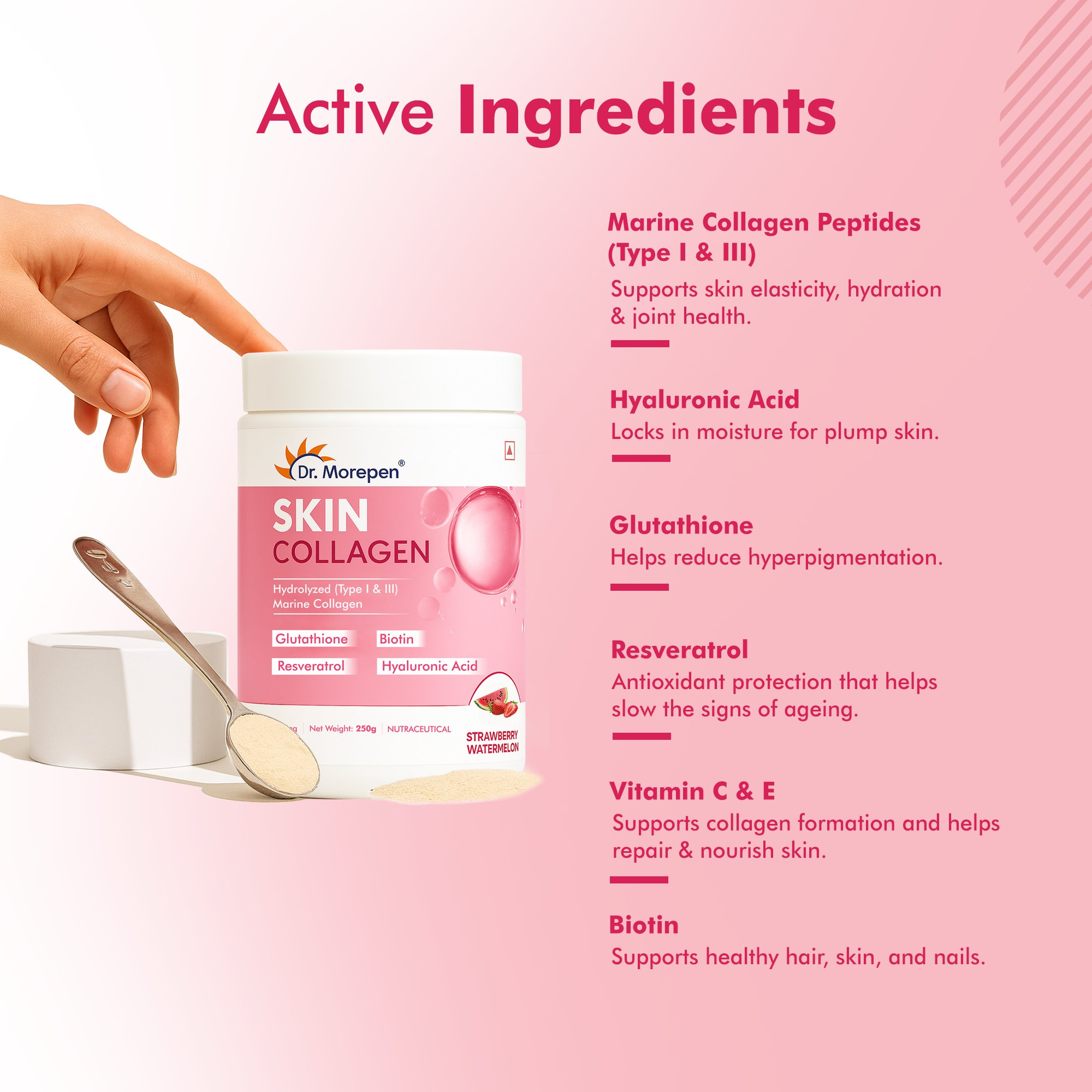 DR. Morepen Skin Collagen Powder with Glutathione, Hyaluronic Acid, Resveratrol & Biotin Strawberry Watermelon Flavour