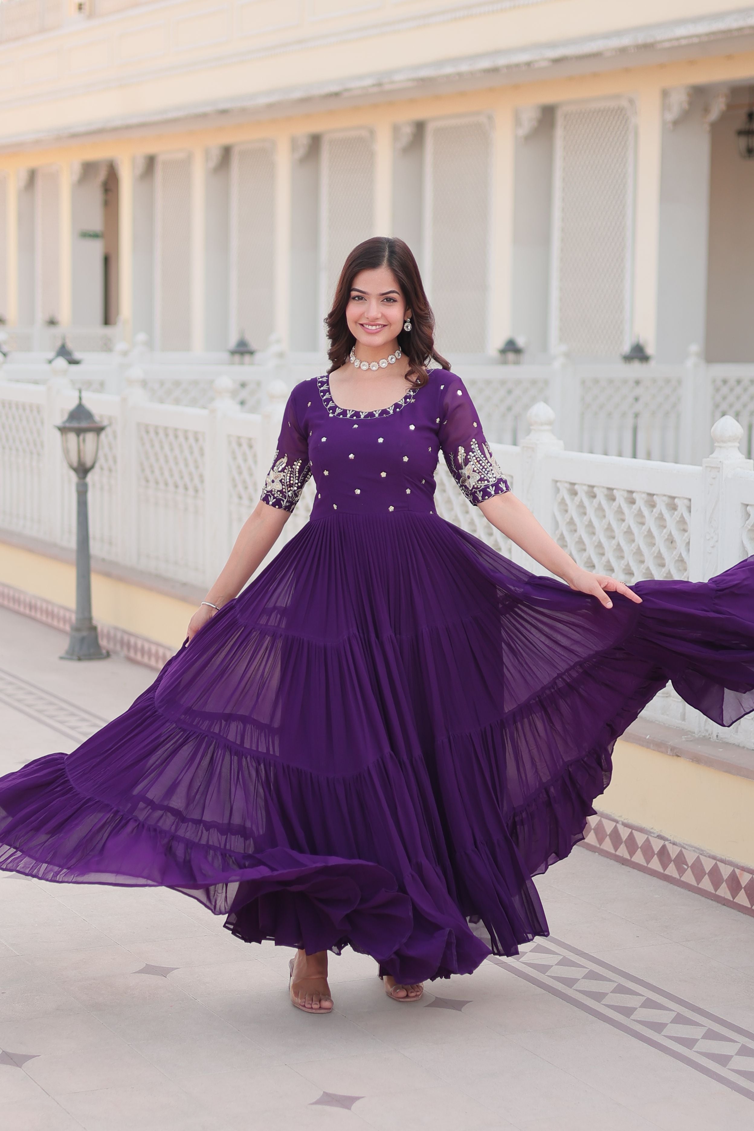 Aastha Purple Faux Georgette with Embroidery Zari Sequins-work
