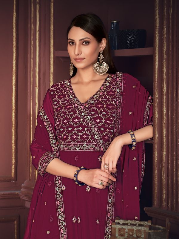 Aastha Maroon Blue with Net top fabric Georgette Crepe Net Bottom fabric