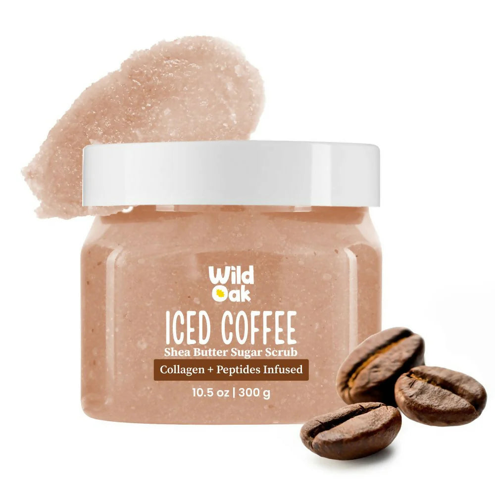 WildOak Iced Coffee Shea Butter Sugar Scrub | 300gm | With Ascorbic Acid, Vegan Collagen & Peptides | Tan Removal & Smooth Skin | Removes Dead Skin | Ultra Hydrating, Exfoliating & Moisturising Sugar Body Scrub