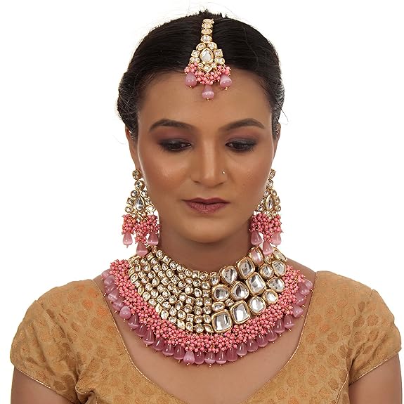Tehzeeb Creation Meenakari 18K Gold plated Pink color Uncut dibbi Kundan Combo Necklace Set THZ443