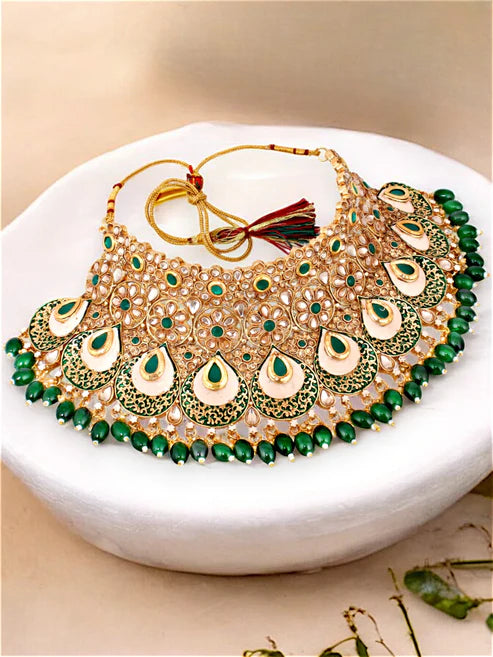 Tehzeeb Creation Traditional Designer Kundan Stone Green Meenakari Choker Bridal Set THZ393