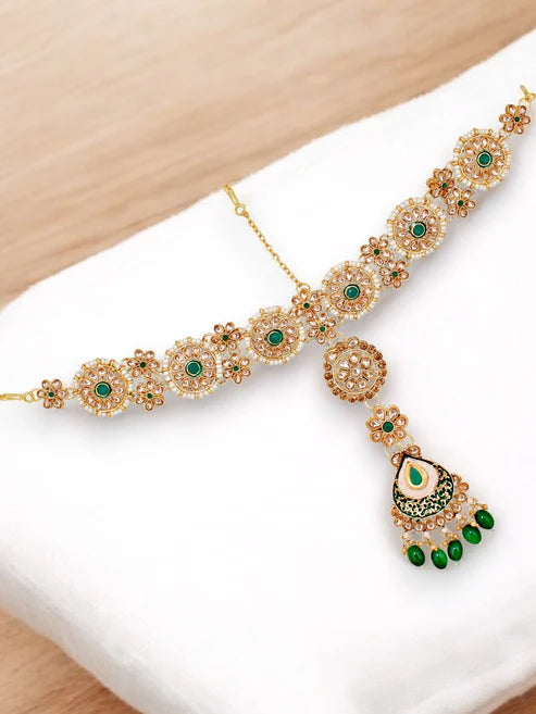 Tehzeeb Creation Traditional Designer Kundan Stone Green Meenakari Choker Bridal Set THZ393