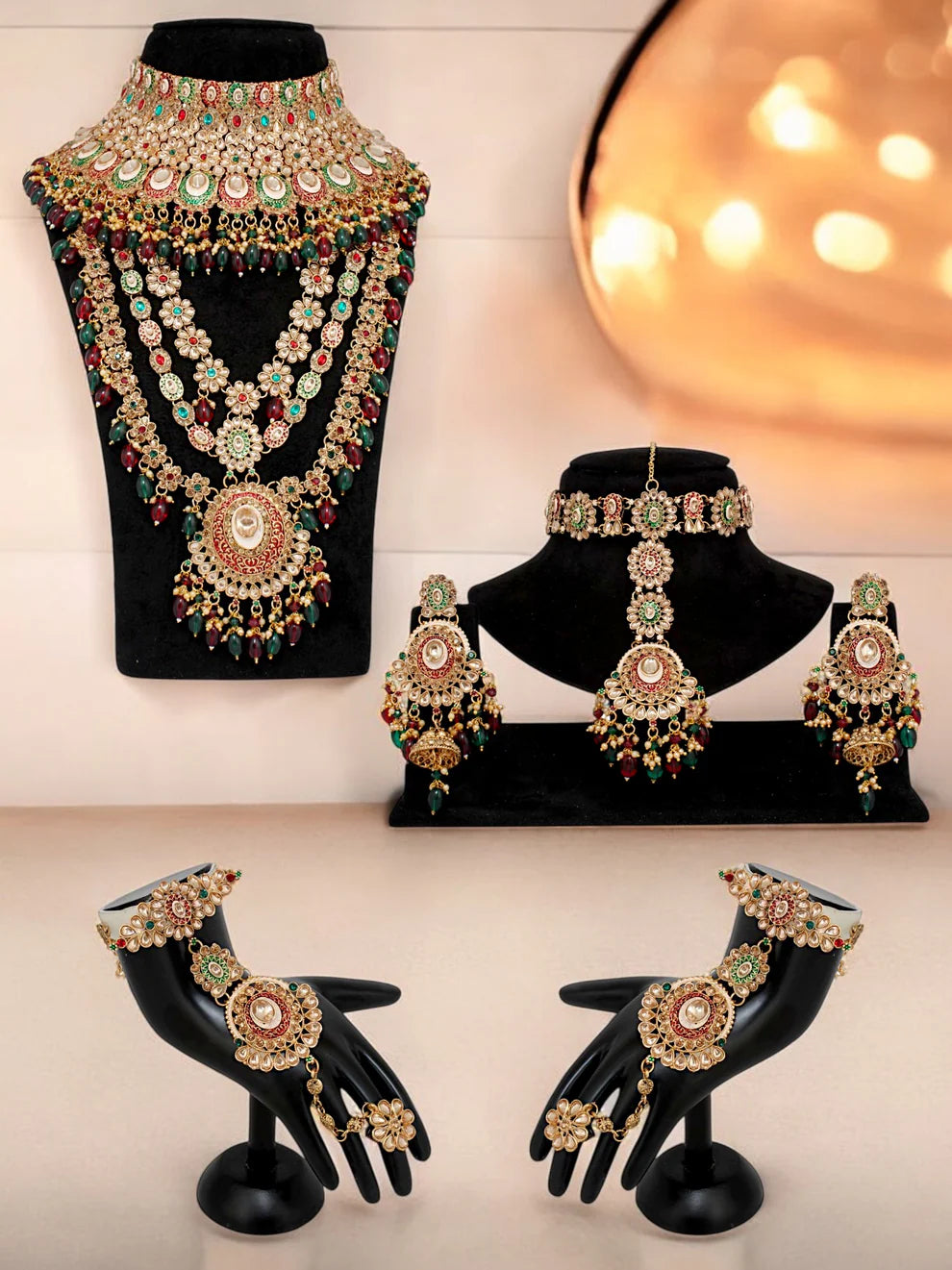 Tehzeeb Creation Traditional Designer Kundan Stone Maroon and Green Meenakari Choker Bridal Set THZ390