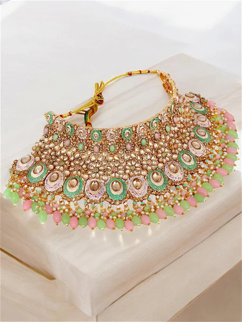 Tehzeeb Creation Traditional Designer Kundan Stone Pink and Mint Meenakari Choker Bridal Set THZ389