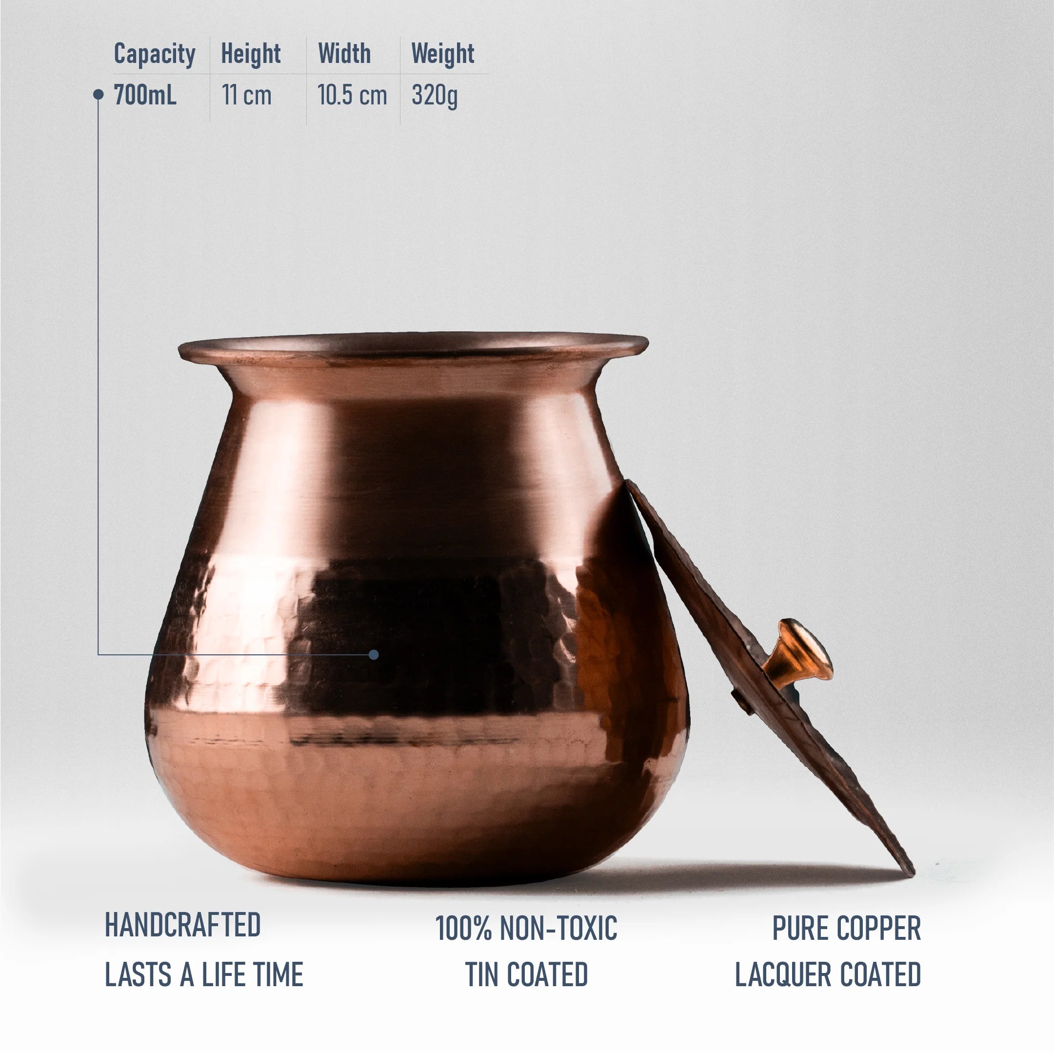 Health Smith Pure Copper Almond Lota with Hammered Finish With Lid– Lacquer Coated for Long Life