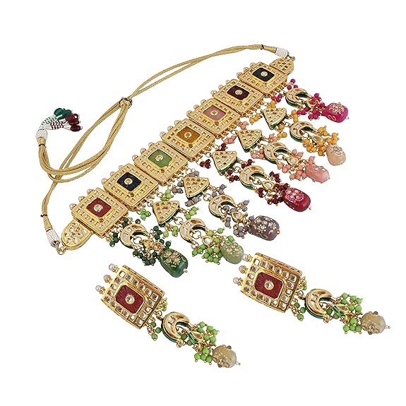 Tehzeeb Creation Meenakari 18K Gold Plated Multi Color Rectangular Shape Uncut Kundan Combo Necklace Set THZ452
