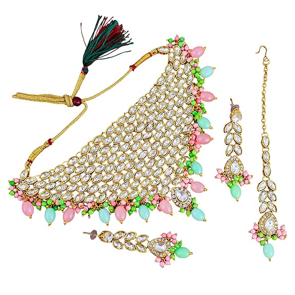 Tehzeeb Creation Designer Pink and Mint Color Choker Stone Necklace Set THZ457