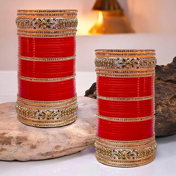 Tehzeeb Creation Bridal Bangle Set Dhanteras/Diwali/Bhai Dooj Collection Golden White & Red Stone Chuda, Wedding punjabi Choora Fashion Chura Set for Women THZ458
