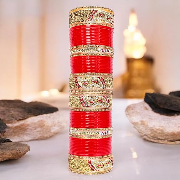 Tehzeeb Creation Bridal Bangle Set Dhanteras/Diwali/Bhai Dooj Collection Designer Golden White & Red Stone Chuda Bridal Wedding Choora Fashion Chura For Women THZ464