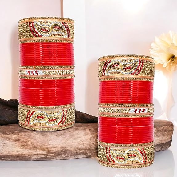 Tehzeeb Creation Bridal Bangle Set Dhanteras/Diwali/Bhai Dooj Collection Designer Golden White & Red Stone Chuda Bridal Wedding Choora Fashion Chura For Women THZ464