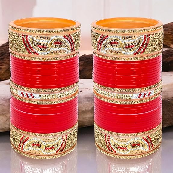 Tehzeeb Creation Bridal Bangle Set Dhanteras/Diwali/Bhai Dooj Collection Designer Golden White & Red Stone Chuda Bridal Wedding Choora Fashion Chura For Women THZ464