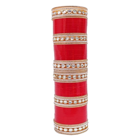 Tehzeeb Creation Bridal Bangle Set Dhanteras/Diwali/Bhai Dooj Collection Chura Red White Kundan & Golden Stone Choora Wedding Punjabi Chuda for Women THZ468