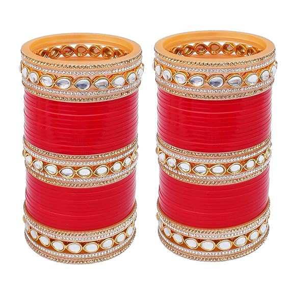 Tehzeeb Creation Bridal Bangle Set Dhanteras/Diwali/Bhai Dooj Collection Chura Red White Kundan & Golden Stone Choora Wedding Punjabi Chuda for Women THZ468