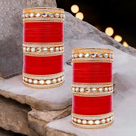 Tehzeeb Creation Bridal Bangle Set Dhanteras/Diwali/Bhai Dooj Collection Chura Red White Kundan & Golden Stone Choora Wedding Punjabi Chuda for Women THZ468