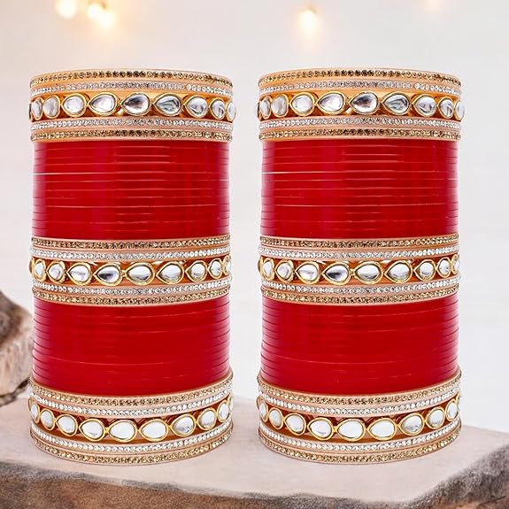 Tehzeeb Creation Bridal Bangle Set Dhanteras/Diwali/Bhai Dooj Collection Chura Red White Kundan & Golden Stone Choora Wedding Punjabi Chuda for Women THZ468