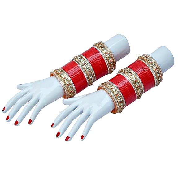 Tehzeeb Creation Bridal Bangle Set Dhanteras/Diwali/Bhai Dooj Collection Red Golden & White Stone Chura Designer Fashion Choora Punjabi Chuda Set THZ474