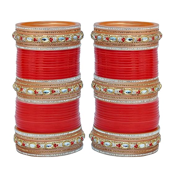Tehzeeb Creation Bridal Bangle Set Dhanteras/Diwali/Bhai Dooj Collection Red Golden & White Stone Chura Designer Fashion Choora Punjabi Chuda Set THZ474