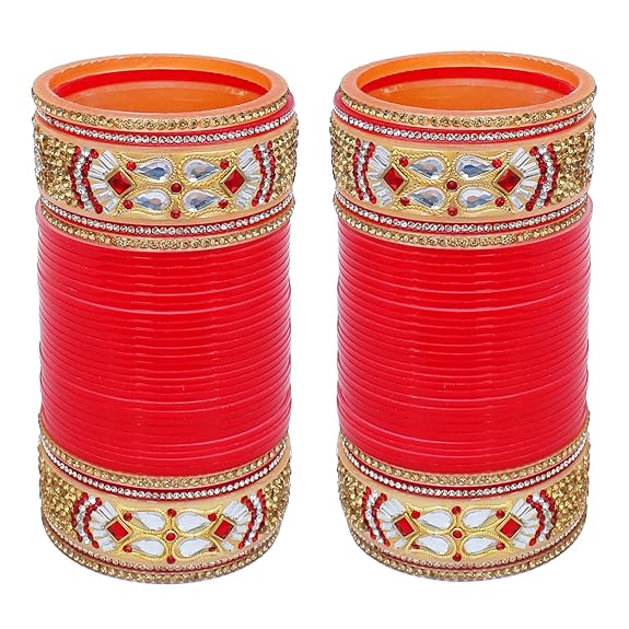 Tehzeeb Creation Bridal Bangle Set Dhanteras/Diwali/Bhai Dooj Collection Designer Golden White & Red Stone Chuda Dulhan Wedding Choora Fashion Chura For Women THZ475