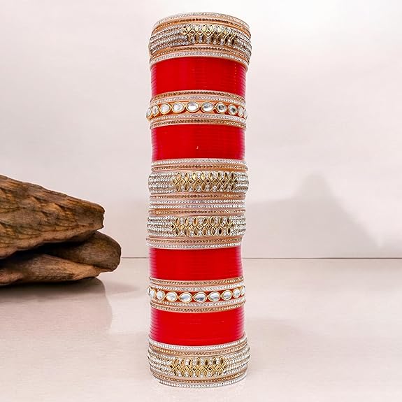 Tehzeeb Creation Bridal Bangle Set Dhanteras/Diwali/Bhai Dooj Collection Red Designer White Kundan & Golden Stone Dulhan Chuda Fashion Punjabi Choora Wedding Chura For Women THZ476