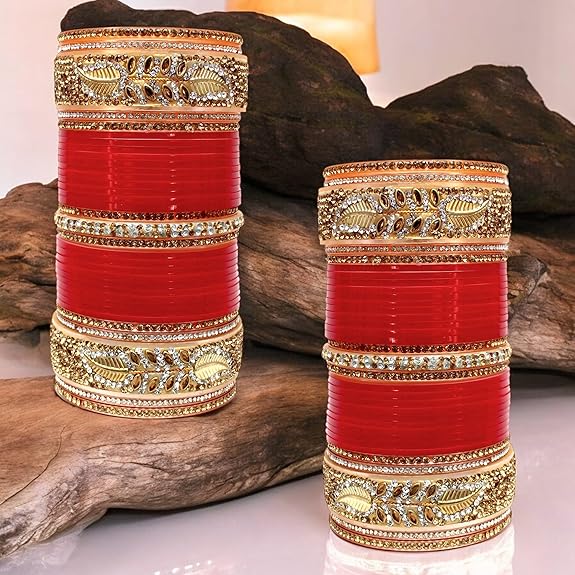 Tehzeeb Creation Bridal Bangle Set Dhanteras/Diwali/Bhai Dooj Collection Red Designer Chura Wedding Punjabi Choora Fashion Jewellery Chuda Set for Women THZ477