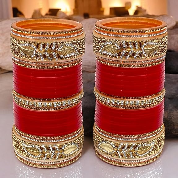 Tehzeeb Creation Bridal Bangle Set Dhanteras/Diwali/Bhai Dooj Collection Red Designer Chura Wedding Punjabi Choora Fashion Jewellery Chuda Set for Women THZ477