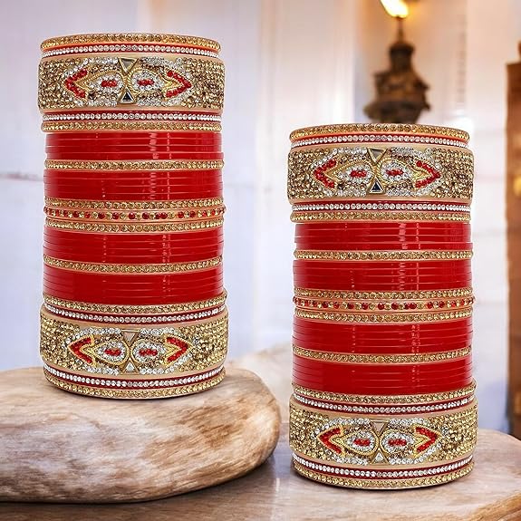 Tehzeeb Creation Bridal Bangle Set Dhanteras/Diwali/Bhai Dooj Collection Red Designer Chura Wedding Punjabi Choora Fashion Jewellery Chuda Set for Women THZ478
